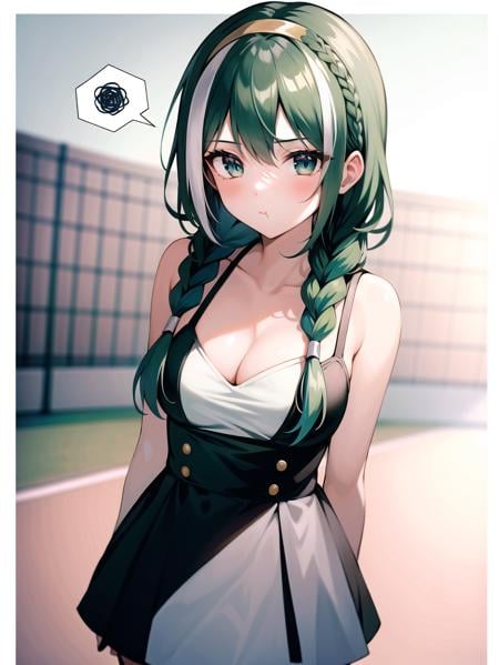 cowboy shot, 1girl, pout, speech bubble, (spoken squiggle:1.3), closed mouth, breasts, medium breasts, Tennis Court Green hair, (streaked hair), (hair tubes, braided bangs:1.3), amber eyes, center opening, cleavage, wearing hanten, hairband and no headwear, at (school:1.3), incredibly absurdres, 8k wallpaper, finely detailed background, amazing background