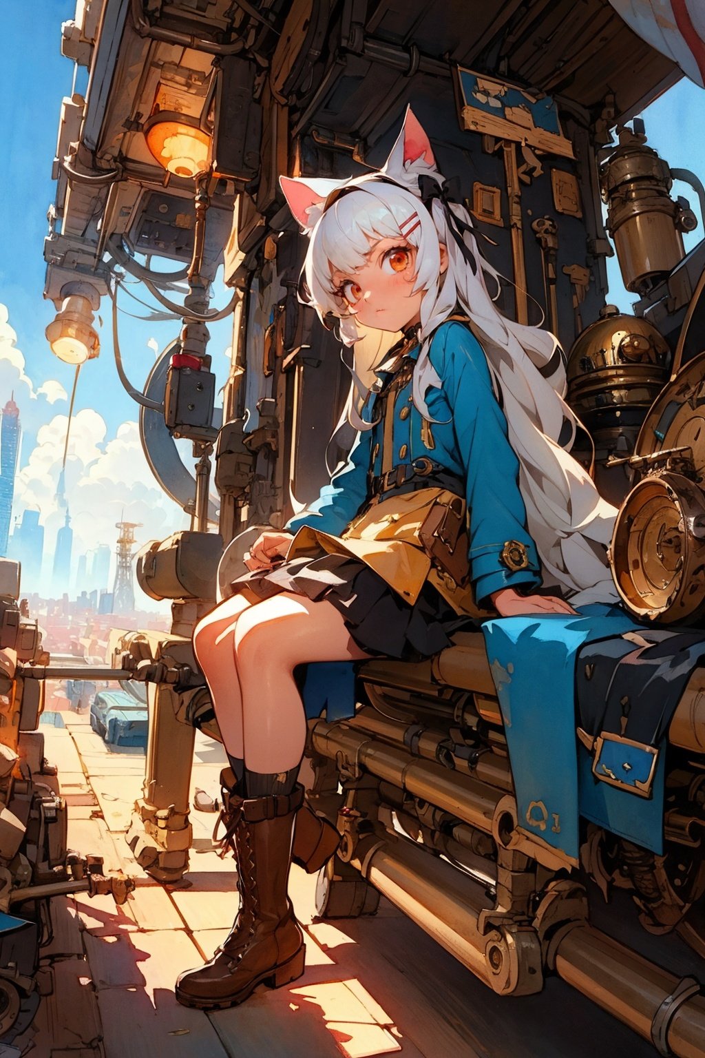 Highly Detailed beautiful and aesthetic,extremely detailed CG unity 8k wallpaper,best quality,ultra-detailed,illustration,painting,(watercolor),(high close up:0.8),(Steampunk:1.1),Age of steam,mechanical,(((an extremely delicate and beautiful girl))),white hair,(golden eyes:1.2),(beautiful detailed eyes),long hair,cinematic angle,(Mechanical Engineer),(cityscape),(coat:1.2),(Leather skirt:1.1),Doc Martens boots,hairclip,hair ribbon,ribbon,ray tracing,((red eyes)),cat ears,(two sides up:1.3,BayunLing,white hair,long hair,head ribbon,(petite:1.2),(loli),  