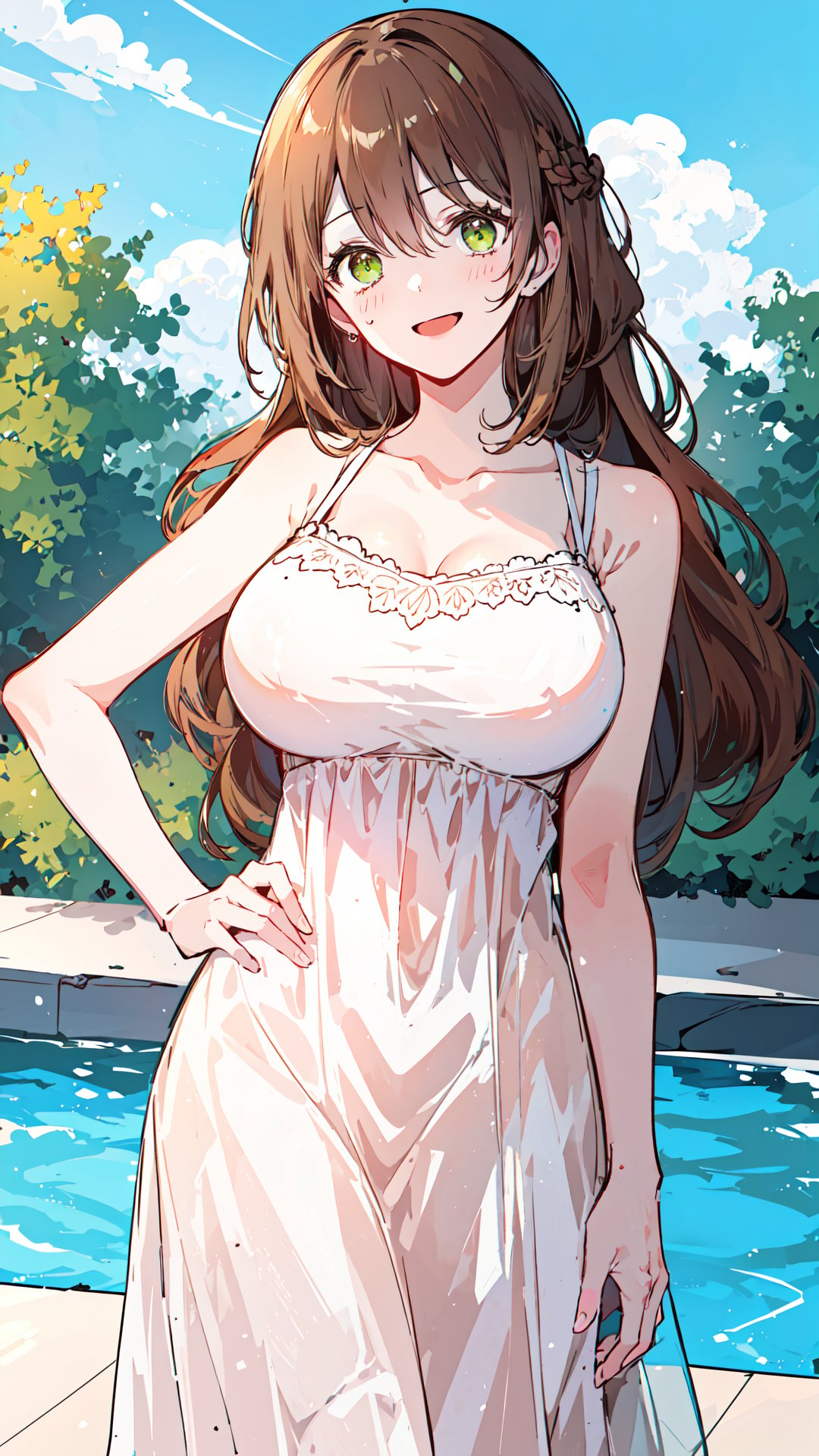 best quality, (masterpiece:1.2), highly detailed, outdoors, day, sky, pool, 
1girl, solo, standing, open mouth, smile, blush, large breasts, looking at viewer,
brown hair, long hair, green eyes, white nightgown, hand on hip, raeliana,