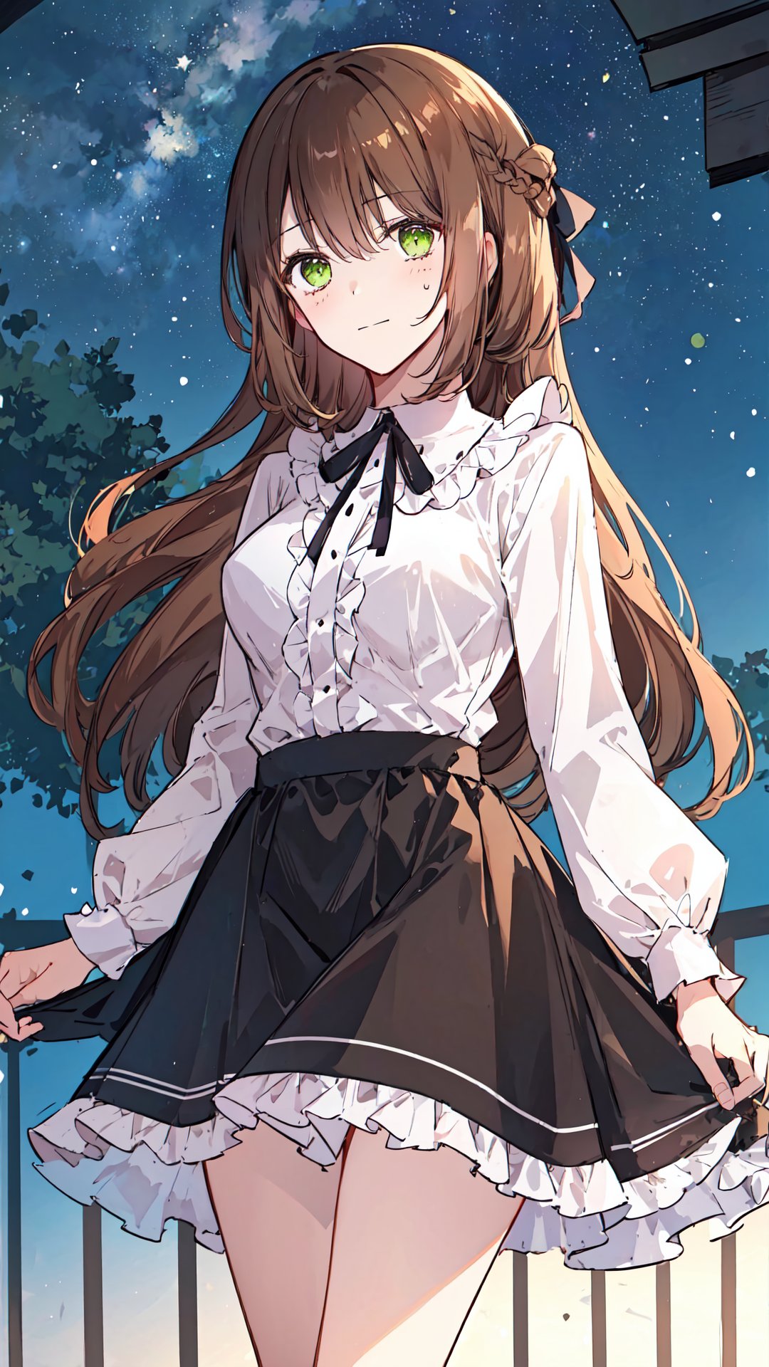 best quality, (masterpiece:1.2), highly detailed, outdoors, night, star (sky),
1girl, solo, standing, slight smile, blush, medium breasts, looking at viewer,
brown hair, long hair, green eyes, white shirt, black ribbon, frills, long sleeves, black skirt, raeliana