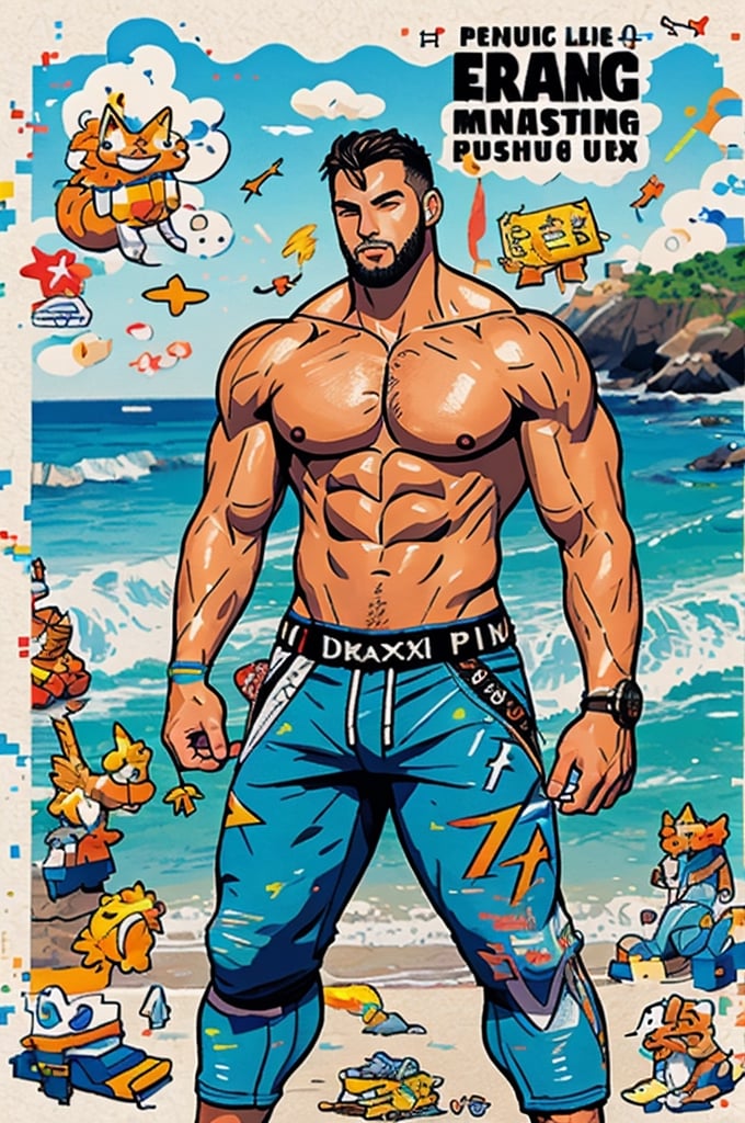 Highly detailed, High Quality, Masterpiece, beautiful, DrakePostingMeme, , 1boy, upper body, gigachad, in the beach,LightningPunkAI anime zoomed ,gigachad,paper_cut,xjrex colorful ultra realistic ,pixel_art,xjrex , muscular body
