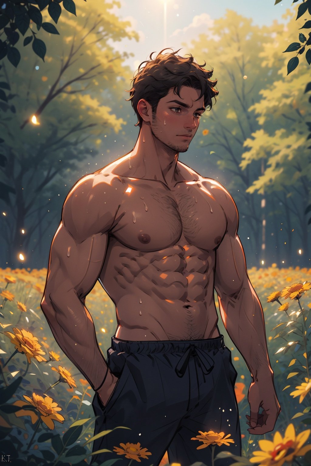 marigold field,young,20 years old ,sunbeam, topless male, sweat, depth of field, 