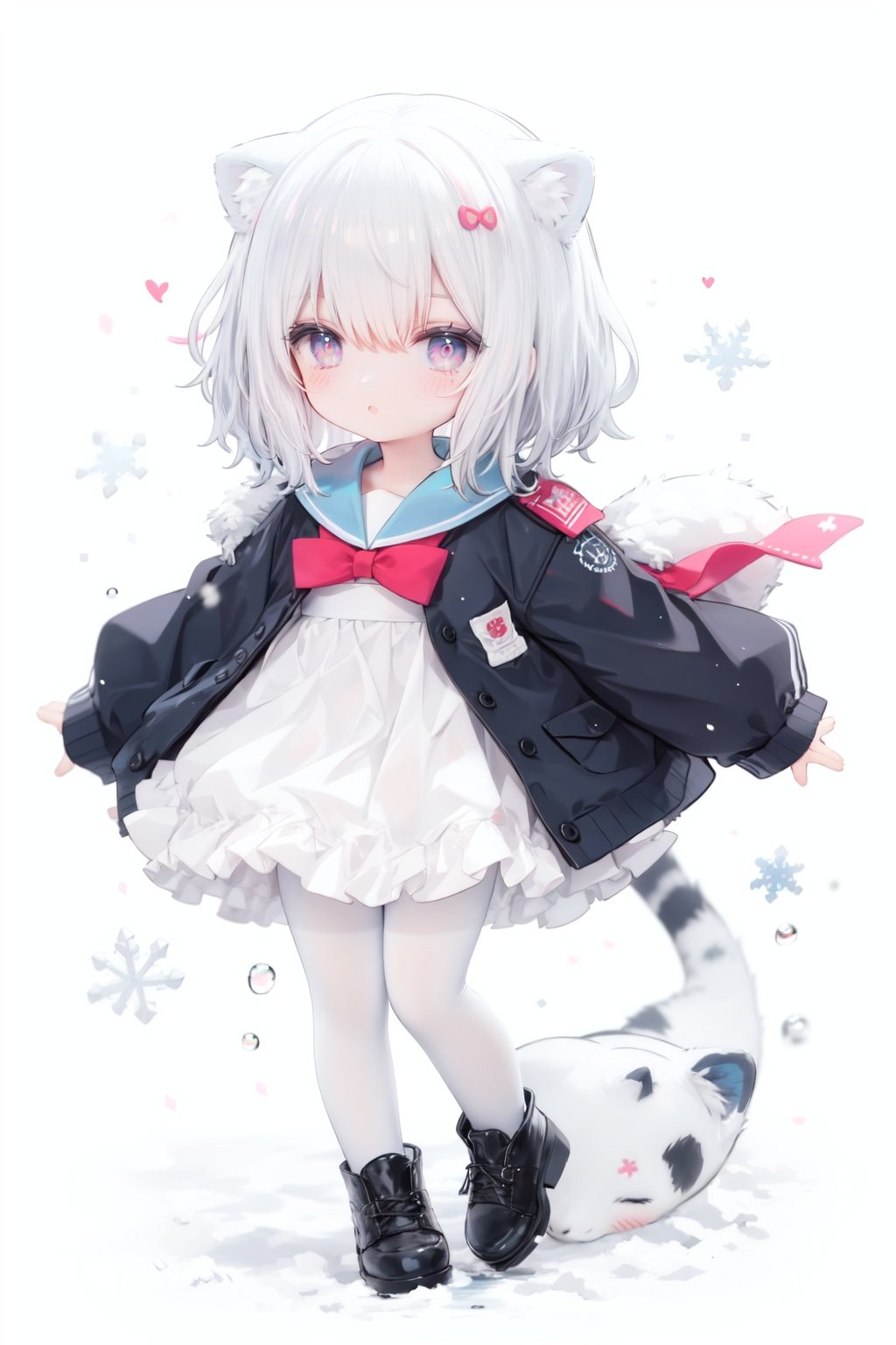 cute,Infant,solo blue shirt,blue sailor coat,loli,full body,white hair,snow leopard ear,white background,pink eyes,laugh,happy,white pantihose,white pantyhose,red armband,