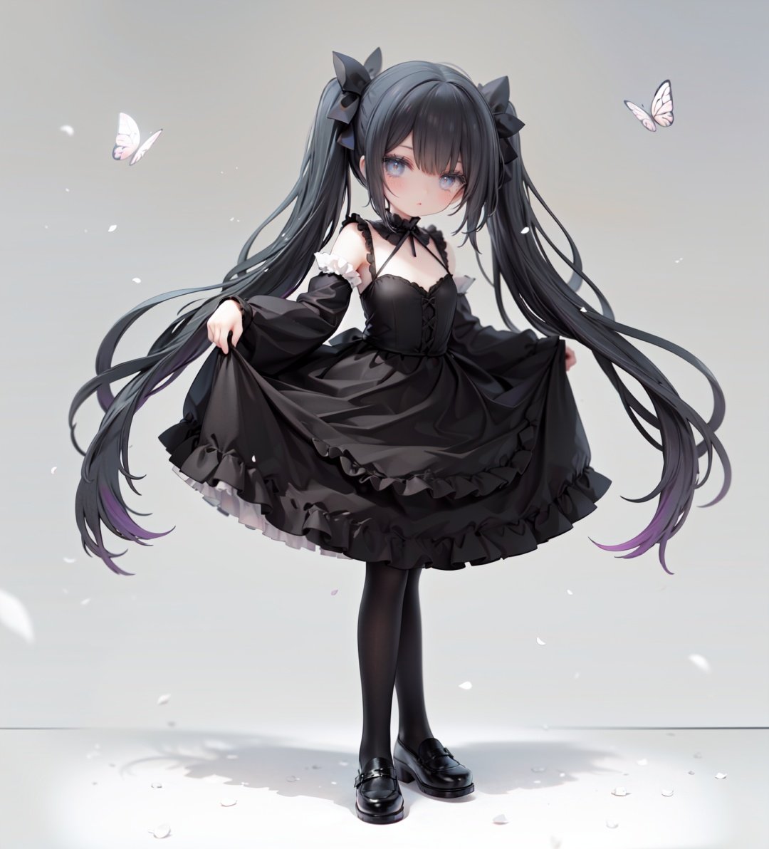 masterpiece, ((best quality)),  dynamic angle, chromatic aberration, ((colorful)),1girl, solo, black hair, long hair, dress, butterfly, bug, twintails, black footwear, lolita fashion, very long hair, pantyhose, black dress, long sleeves, bow, full body, bangs, flower, puffy sleeves, standing on one leg, shoes, white pantyhose, hair bow, looking at viewer, grey eyes, frills, standing, gothic lolita, blush, juliet sleeves, black bow, frilled dress, white flower, rose, closed mouth, skirt hold, petals, wide sleeves, mary janes, white rose