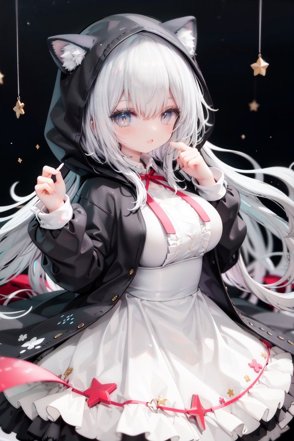 masterpiece, ((best quality)),  dynamic angle, chromatic aberration, ((colorful)),1girl, solo, hood, animal hood, breasts, frills, smile, hood up, yellow eyes, capelet, hair between eyes, blush, dress, long sleeves, looking at viewer, animal ears, large breasts, black ribbon, bangs, puffy long sleeves, :d, frilled dress, hand up, open mouth, white dress, puffy sleeves, hooded capelet, virtual *******r, frilled capelet, fang, white capelet, star (symbol)