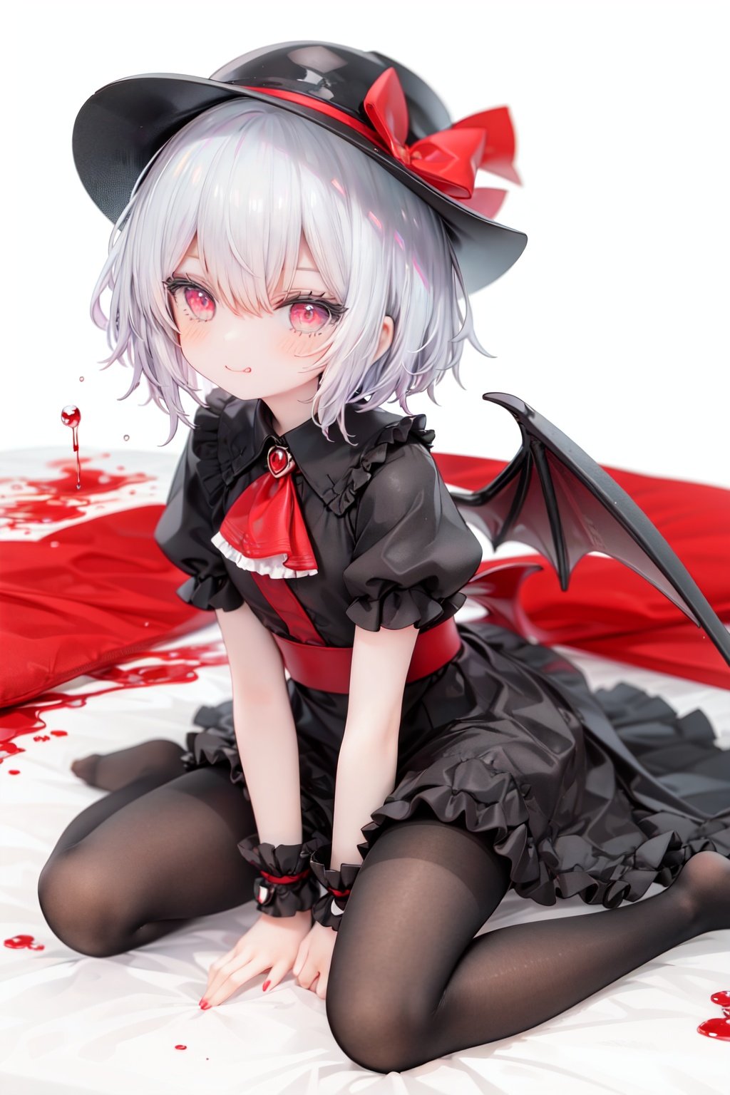 (little girl:1.4), (child:1.4),(petite:1.4), (loli:1.4),,,((solo:1.3)).,1girl, solo, wings, red eyes, hat, remilia scarlet, red background, mob cap, bat wings, ascot, blood, short sleeves, bow, short hair, ribbon, blood on hands, looking at viewer, simple background, full body, puffy sleeves, hat ribbon, blood on face, dress, brooch, red nails, pantyhose, red bow, puffy short sleeves, smile, black pantyhose, wrist cuffs, red ribbon, sitting, jewelry, red ascot, frills, hair between eyes, skirt, white dress, fingernails, sash, shirt, nail polish, no shoes, red theme, sharp fingernails, bangs, tongue, hat bow, grey hair, closed mouth, tongue out, white headwear, slit pupils, blood on clothes, skirt set, hand up, frilled sleeves, invisible chair, white skirt, vampire, frilled shirt collar/.,\nSolo,Battle, {{{{{Slash}}}}},Killing,Attacker,{{Fierce movement}},Ninja,Bloodstain,Core shadow,splatter,{Blood},{{{{Battle scene}}}},angry,Intricate,,{{{Dynamic angle}}},{Stylish pose},{High contrast,Extremely detailed CG unity 8K wallpaper} Sense of movement,blurry background,Kaotic,Lunatic,[[[[[hyper paint, rough design, flat color]]]]],Grin,Whole body,Colorful background,Intricate,Girl wearing black suit,Looking at viewers,{{Stylish}},Persona 5 style art,{{{all out attack(persona 5)}}}