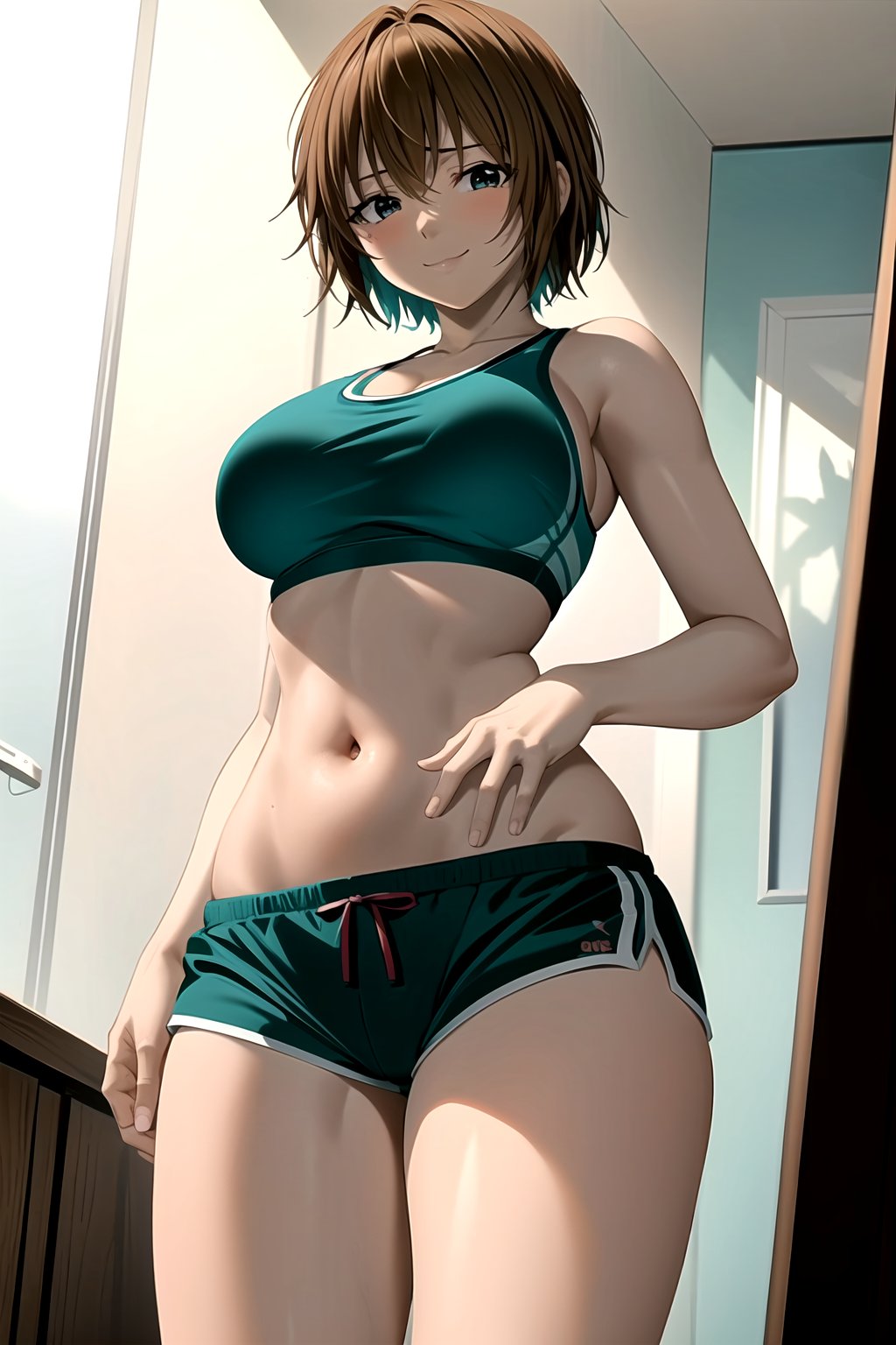 masterpiece,  best quality,  best aesthetic,  anime,  ultra detailed,  mao_miko,  1girl,  solo,  short hair,  brown hair,  black eyes,  (large breasts:1.3),  (wide hips:1.2),  (green bra,  sports bra:1.2),  (teal shorts,  short shorts,  gym shorts:1.3),  cleavage,  navel,  cowboy shot,  looking at viewer,  standing,  front view,  (smile,  closed mouth:1.2),  indoors,  gym, <lora:EMS-40865-EMS:0.900000>, , <lora:EMS-179-EMS:0.300000>