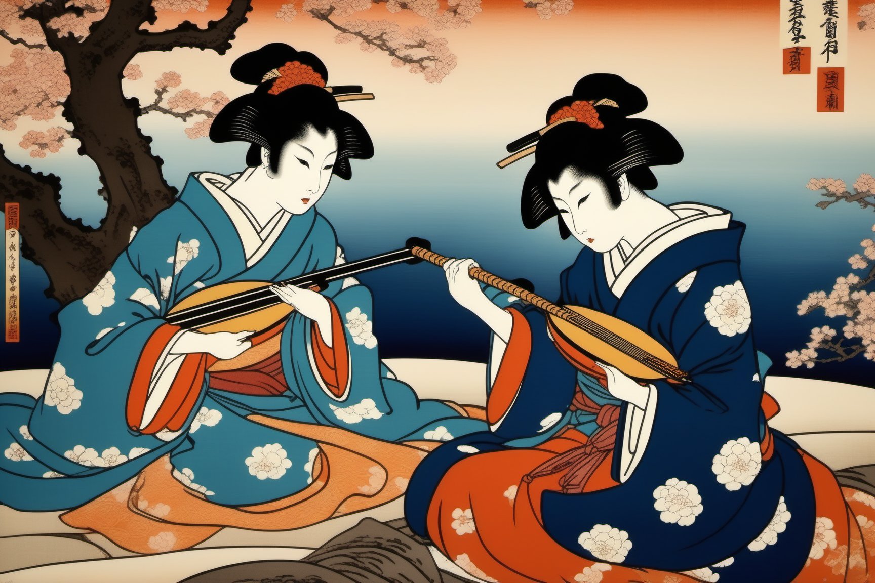 japanese courtesans playing a shamisen,  sitting on fine cushions, woodblock print style of hokusai fine art style of kanagawa painting