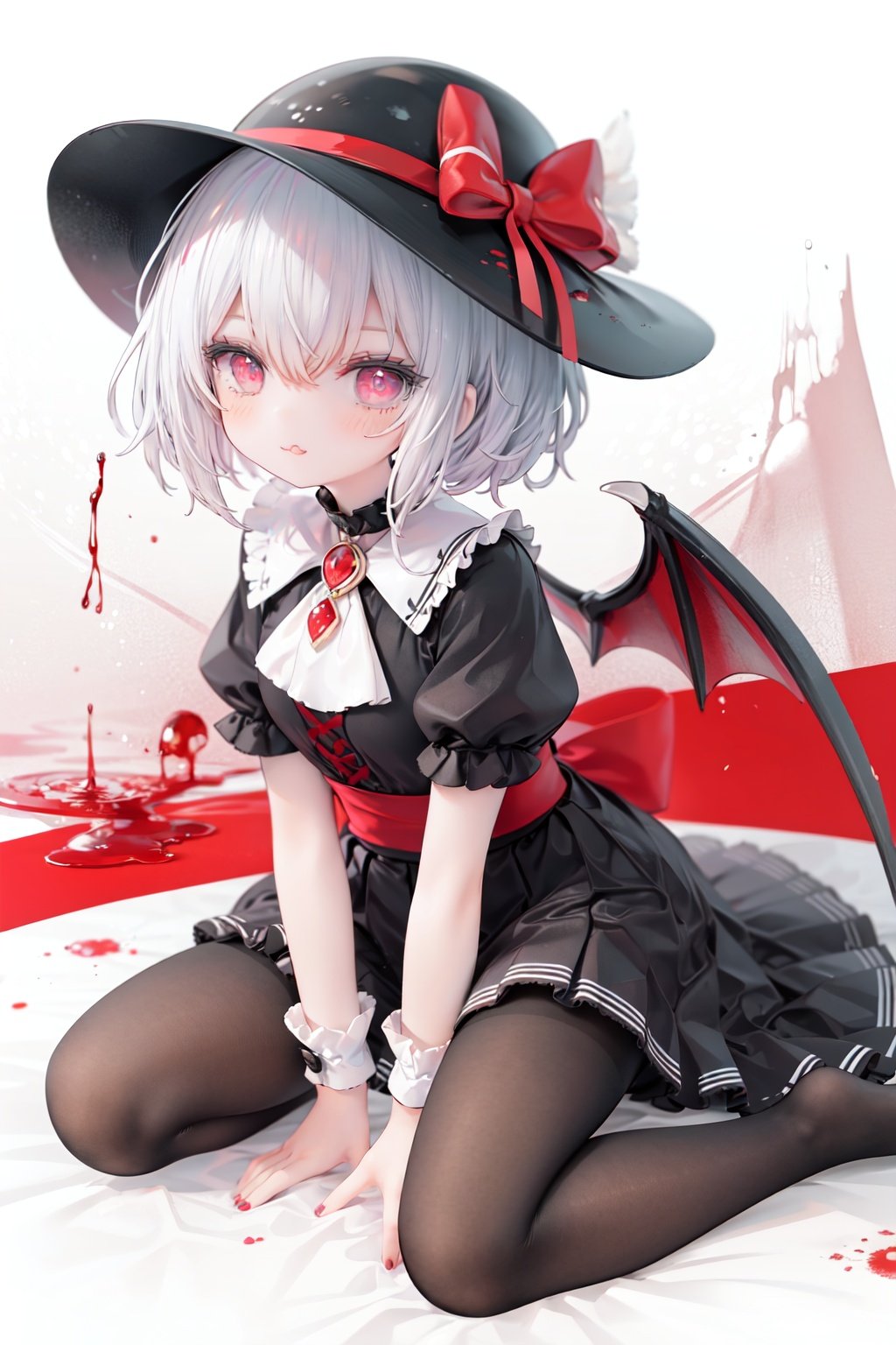 (little girl:1.4), (child:1.4),(petite:1.4), (loli:1.4),,,((solo:1.3)).,1girl, solo, wings, red eyes, hat, remilia scarlet, red background, mob cap, bat wings, ascot, blood, short sleeves, bow, short hair, ribbon, blood on hands, looking at viewer, simple background, full body, puffy sleeves, hat ribbon, blood on face, dress, brooch, red nails, pantyhose, red bow, puffy short sleeves, smile, black pantyhose, wrist cuffs, red ribbon, sitting, jewelry, red ascot, frills, hair between eyes, skirt, white dress, fingernails, sash, shirt, nail polish, no shoes, red theme, sharp fingernails, bangs, tongue, hat bow, grey hair, closed mouth, tongue out, white headwear, slit pupils, blood on clothes, skirt set, hand up, frilled sleeves, invisible chair, white skirt, vampire, frilled shirt collar/.,\nSolo,Battle, {{{{{Slash}}}}},Killing,Attacker,{{Fierce movement}},Ninja,Bloodstain,Core shadow,splatter,{Blood},{{{{Battle scene}}}},angry,Intricate,,{{{Dynamic angle}}},{Stylish pose},{High contrast,Extremely detailed CG unity 8K wallpaper} Sense of movement,blurry background,Kaotic,Lunatic,[[[[[hyper paint, rough design, flat color]]]]],Grin,Whole body,Colorful background,Intricate,Girl wearing black suit,Looking at viewers,{{Stylish}},Persona 5 style art,{{{all out attack(persona 5)}}}