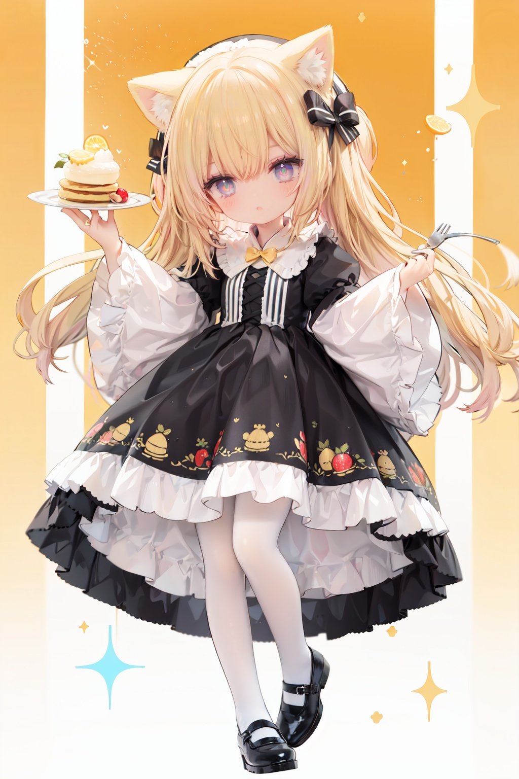 (cinematic lighting),  dreamy atmosphere,  Ray tracing,  (((solo))),  (loli:1.5),  (child:1.5),  (petite:1.5),  green eyes,  (animal ears),  dress,  solo,  food,  blonde hair,  open mouth,  long hair,  pancake,  flower,  holding,  bow,  smile,  fork,  bird,  socks,  looking at viewer,  shoes,  striped background,  holding fork,  bonnet,  striped,  frills,  long sleeves,  :d,  yellow dress,  bangs,  eyebrows visible through hair,  blush,  green nails,  hair bow,  nail polish,  diagonal stripes,  chick,  sparkle,  frilled dress,  orange bow,  fruit,  full body,  :3,  hair between eyes,  green bow,  puffy sleeves,  heart,  lemon,  orange footwear,  animal ear fluff,  white bow,  cat ears,  bobby socks,  orange headwear,  see-through sleeves,  blue background,  striped bow,  hair ornament,  white legwear,  mary janes