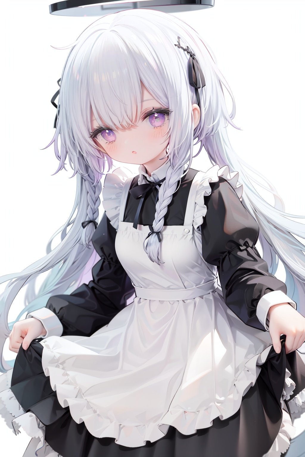 1girl,  solo,  apron,  long hair,  hair over one eye,  white background,  frills,  braid,  halo,  long sleeves,  dress,  simple background,  white hair,  white apron,  puffy sleeves,  very long hair,  frilled apron,  maid,  purple eyes,  ribbon,  parted lips,  maid apron,  bangs,  juliet sleeves,  black dress,  neck ribbon,  looking at viewer,  single braid,  blush