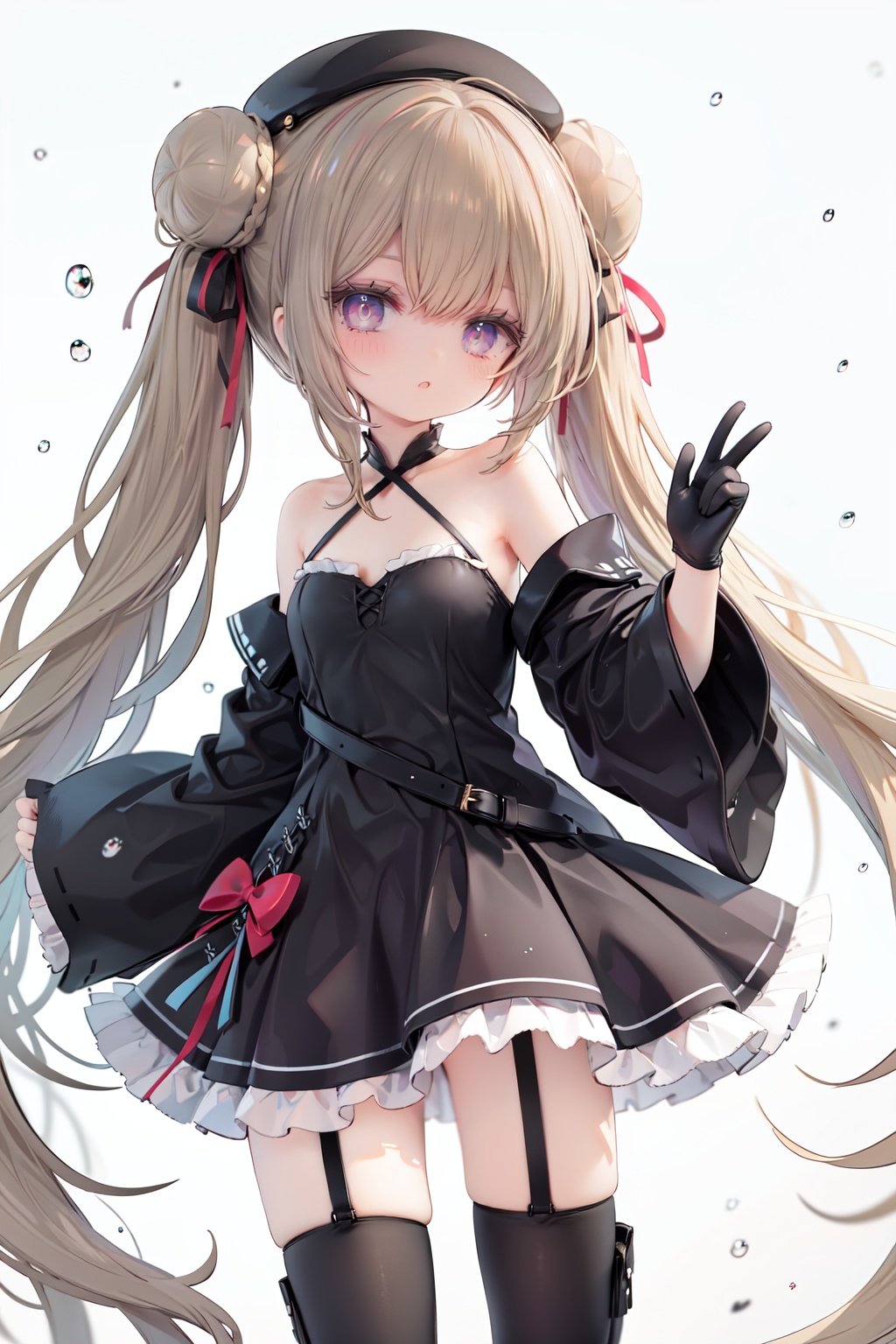 1girl, dress, double bun, hair bun, long hair, black dress, twintails, looking at viewer, smile, hat, bangs, brown hair, white background, solo, open mouth, blush, black headwear, very long hair, garter straps, thighhighs, bare shoulders, beret, :d, ribbon, black gloves, simple background, long sleeves, nail polish, black footwear, red ribbon, bow, gloves, wide sleeves, animal, hair ribbon, boots, red nails, sheath, sheathed, hair between eyes