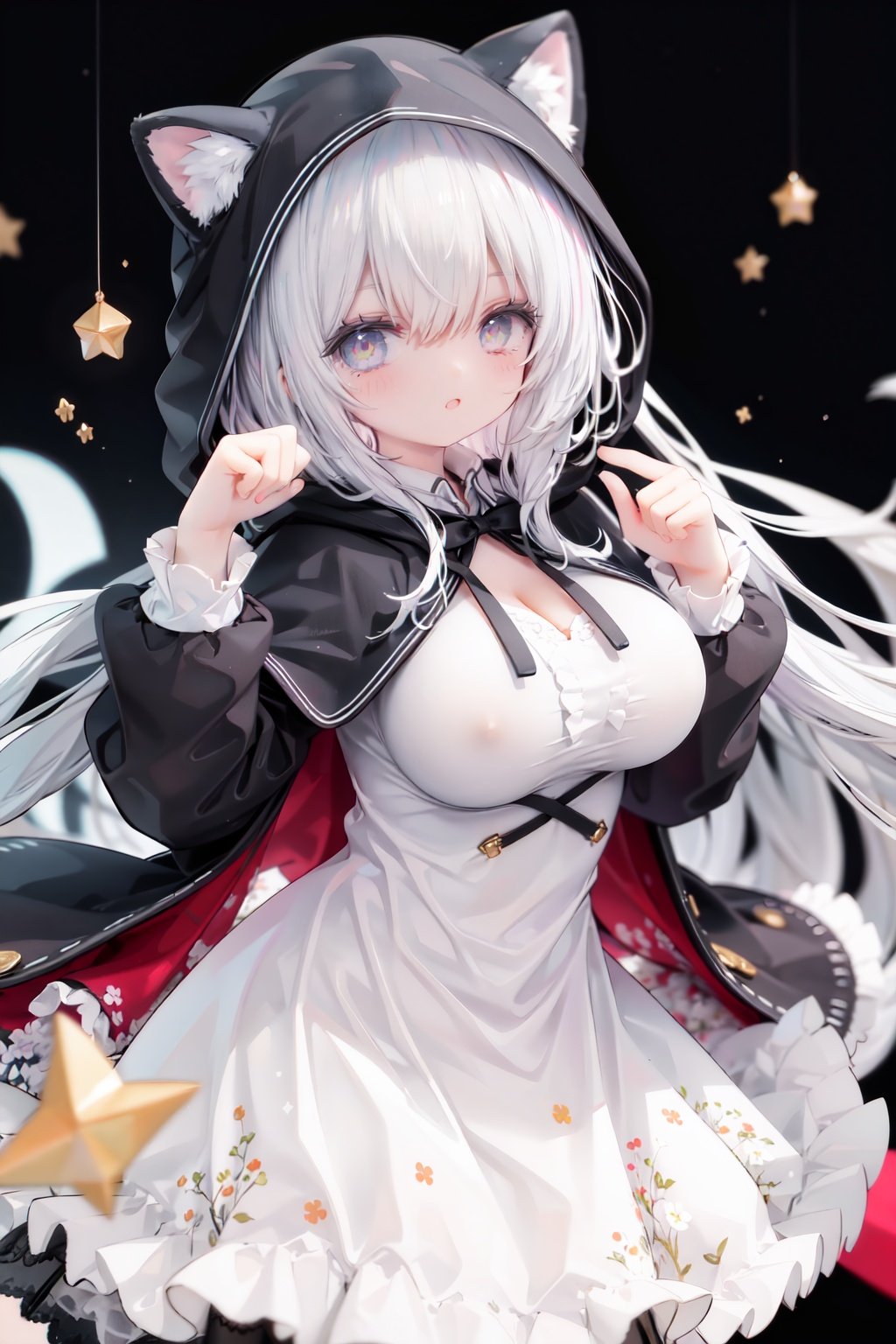 masterpiece, ((best quality)),  dynamic angle, chromatic aberration, ((colorful)),1girl, solo, hood, animal hood, breasts, frills, smile, hood up, yellow eyes, capelet, hair between eyes, blush, dress, long sleeves, looking at viewer, animal ears, large breasts, black ribbon, bangs, puffy long sleeves, :d, frilled dress, hand up, open mouth, white dress, puffy sleeves, hooded capelet, virtual *******r, frilled capelet, fang, white capelet, star (symbol)