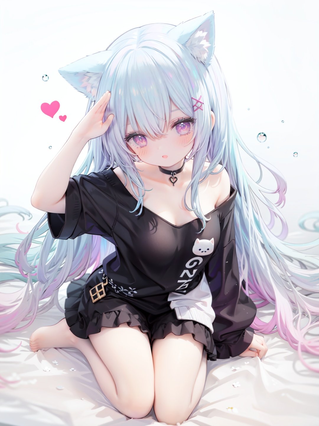 petite, loli, solo, animal ears, heart, puffy short sleeves, blue hair, long hair, off shoulder, bangs, hair ornament, gradient background,rainbow gradient, x hair ornament, animal ear fluff, looking at viewer, very long hair, blush, smile, cat ears, bare shoulders, collarbone, hand up, gradient sweater, hair between eyes, symbol-shaped pupils, arm up, heart-shaped pupils, hairclip, medium breasts, salute, bare legs,full body