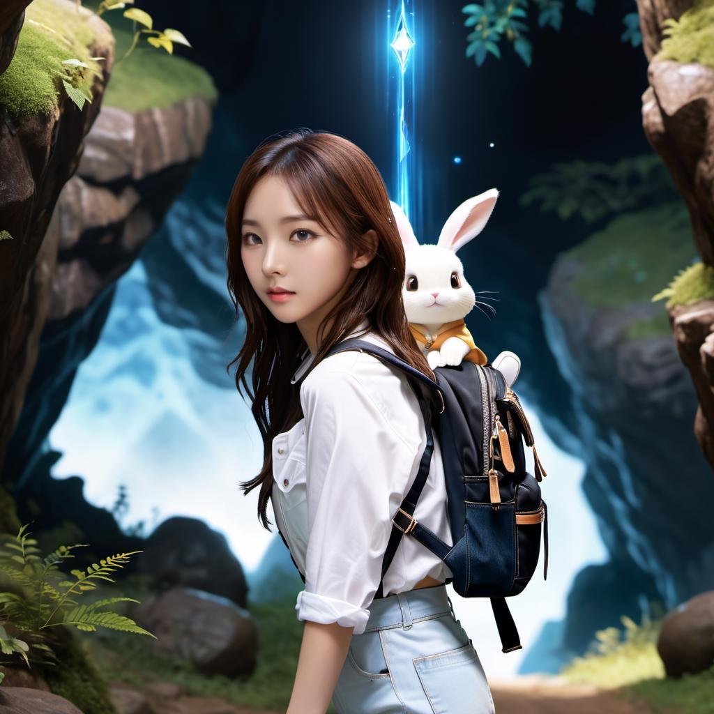 highres,best quality,photo of krnpp wearing white shirt and jeans, long brown hair, and she is escaping from a mysterious magical cave, magic aura, bunny spirit running around her <lora:karina_sdxl_v3-000039:1> detailed, intricate, 8k, from side, backpack, dark theme