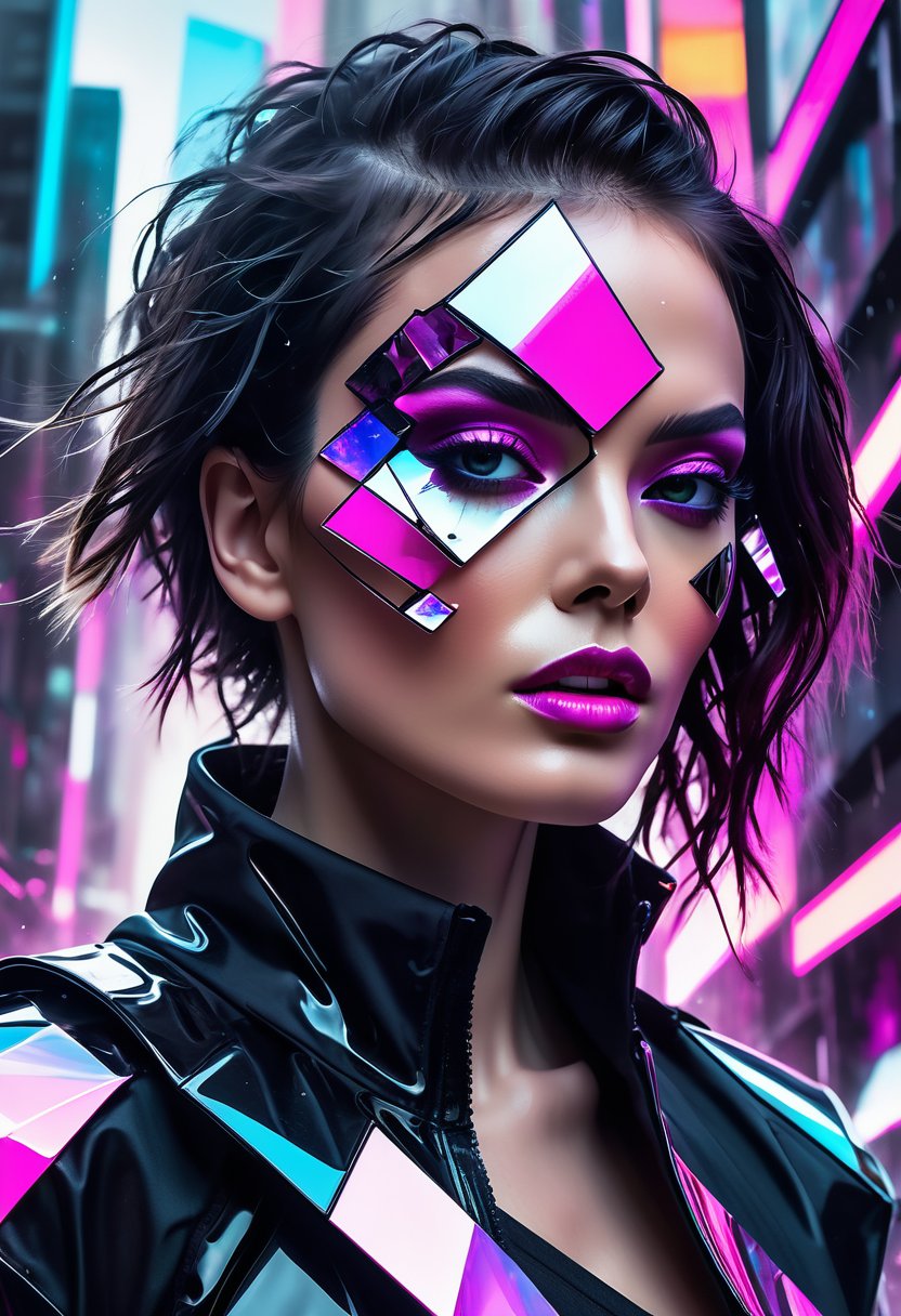 mj, in the style of futuristic digital art, prismatic intelligence, glass fragments art, (diagonal incisions:1.3), speed of light, cyberpunk makeup by Conor Harrington, by Brian Oldham, dynamic pose close up, cinematic, extreme artistic, (abstract cyberpunk city background:0.7),digital purgatory, shattered in motion, techwear fashion, light black and magenta, artstation, energetic expressionism