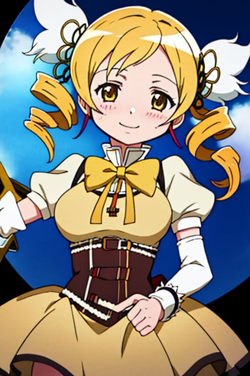 best quality, masterpiece, highres, solo, (tomoe_mami_puellamagimadokamagica:1.15), blonde_hair, drill_hair, twin_drills, twintails, hair_ornament, yellow_eyes, magical_girl, 1girl, school_uniform, anime_coloring, blush, mitakihara_school_uniform, official_style, smile, parody