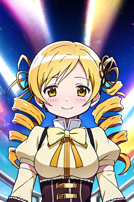 best quality, masterpiece, highres, solo, (tomoe_mami_puellamagimadokamagica:1.15), blonde_hair, drill_hair, twin_drills, twintails, hair_ornament, yellow_eyes, magical_girl, 1girl, school_uniform, anime_coloring, blush, mitakihara_school_uniform, official_style, smile, parody