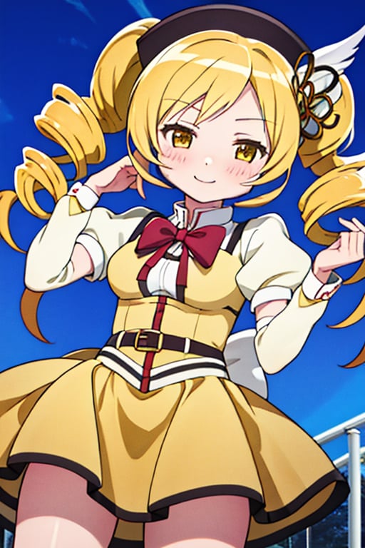 best quality, masterpiece, highres, solo, (tomoe_mami_puellamagimadokamagica:1.15), blonde_hair, drill_hair, twin_drills, twintails, hair_ornament, yellow_eyes, magical_girl, 1girl, school_uniform, anime_coloring, blush, mitakihara_school_uniform, official_style, smile, parody