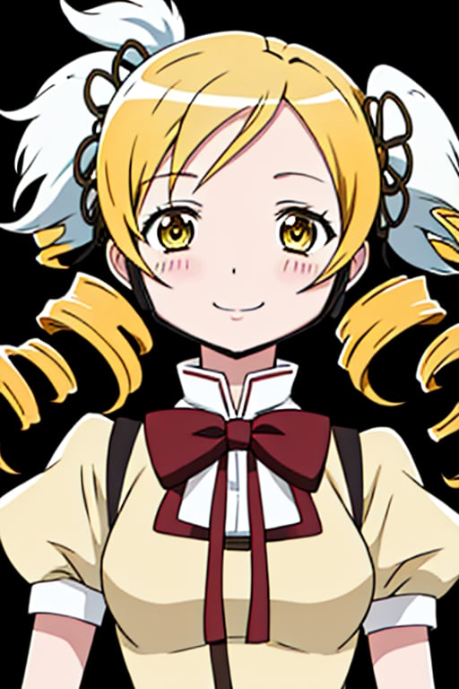 best quality, masterpiece, highres, solo, (tomoe_mami_puellamagimadokamagica:1.15), blonde_hair, drill_hair, twin_drills, twintails, hair_ornament, yellow_eyes, magical_girl, 1girl, school_uniform, anime_coloring, blush, mitakihara_school_uniform, official_style, smile, parody