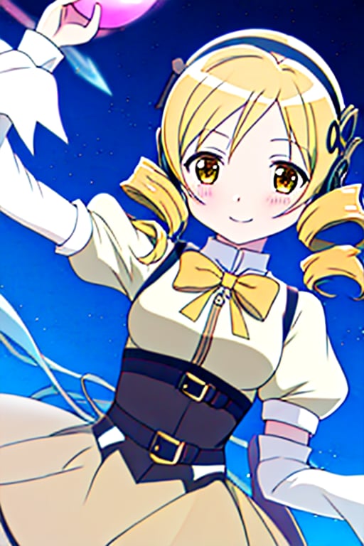 best quality, masterpiece, highres, solo, (tomoe_mami_puellamagimadokamagica:1.15), blonde_hair, drill_hair, twin_drills, twintails, hair_ornament, yellow_eyes, magical_girl, 1girl, school_uniform, anime_coloring, blush, mitakihara_school_uniform, official_style, smile, parody