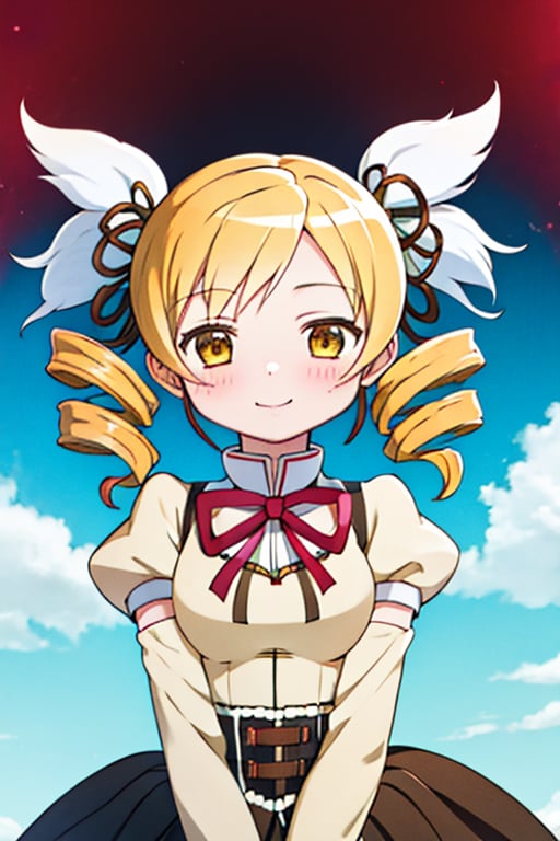 best quality, masterpiece, highres, solo, (tomoe_mami_puellamagimadokamagica:1.15), blonde_hair, drill_hair, twin_drills, twintails, hair_ornament, yellow_eyes, magical_girl, 1girl, school_uniform, anime_coloring, blush, mitakihara_school_uniform, official_style, smile, parody