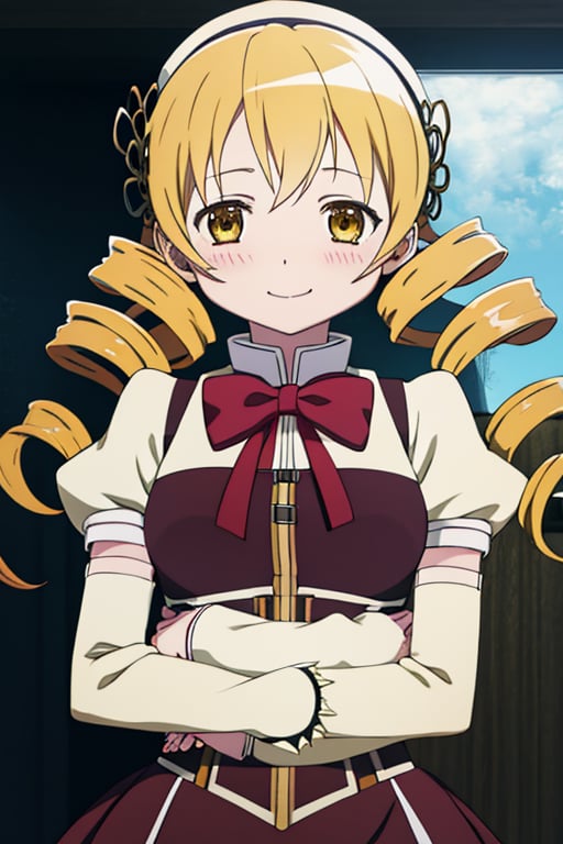 best quality, masterpiece, highres, solo, (tomoe_mami_puellamagimadokamagica:1.15), blonde_hair, drill_hair, twin_drills, twintails, hair_ornament, yellow_eyes, magical_girl, 1girl, school_uniform, anime_coloring, blush, mitakihara_school_uniform, official_style, smile, parody