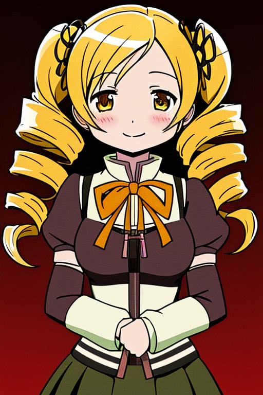 best quality, masterpiece, highres, solo, (tomoe_mami_puellamagimadokamagica:1.15), blonde_hair, drill_hair, twin_drills, twintails, hair_ornament, yellow_eyes, magical_girl, 1girl, school_uniform, anime_coloring, blush, mitakihara_school_uniform, official_style, smile, parody