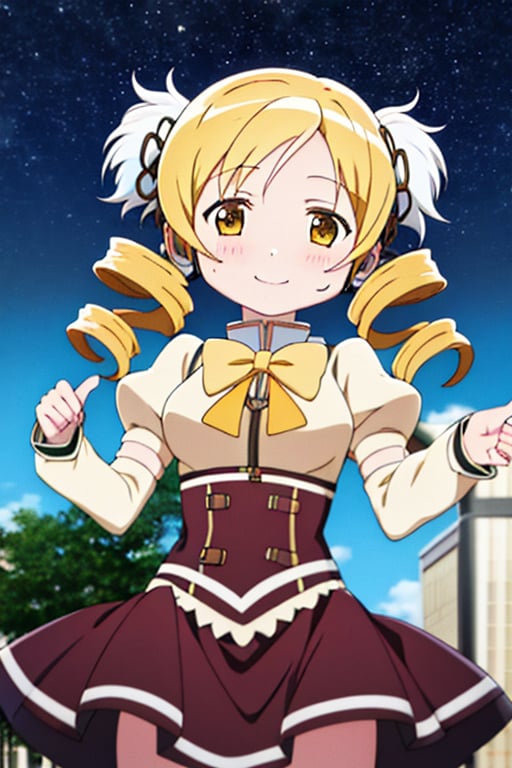 best quality, masterpiece, highres, solo, (tomoe_mami_puellamagimadokamagica:1.15), blonde_hair, drill_hair, twin_drills, twintails, hair_ornament, yellow_eyes, magical_girl, 1girl, school_uniform, anime_coloring, blush, mitakihara_school_uniform, official_style, smile, parody