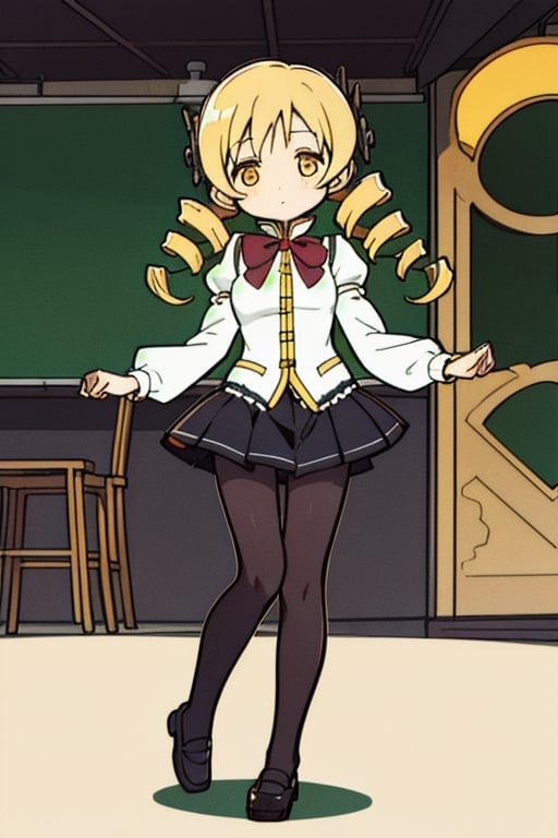 mamitomoe, , mami tomoe, blonde hair, drill hair, twin drills, (yellow eyes:1.3),BREAK black pantyhose, black skirt, bowtie, juliet sleeves, long sleeves, mary janes, mitakihara school uniform, pantyhose, pleated skirt, puffy sleeves, red bow, school uniform, shadow, shoes, skirt, white footwear,BREAK classroom,BREAK looking at viewer,BREAK , (masterpiece:1.2), best quality, high resolution, unity 8k wallpaper, (illustration:0.8), (beautiful detailed eyes:1.6), extremely detailed face, perfect lighting, extremely detailed CG, (perfect hands, perfect anatomy),