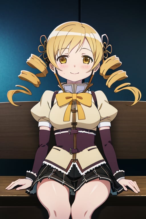 best quality, masterpiece, highres, solo, (tomoe_mami_puellamagimadokamagica:1.15), blonde_hair, drill_hair, twin_drills, twintails, hair_ornament, yellow_eyes, magical_girl, 1girl, school_uniform, anime_coloring, blush, mitakihara_school_uniform, official_style, smile, parody