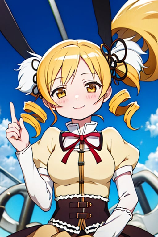 best quality, masterpiece, highres, solo, (tomoe_mami_puellamagimadokamagica:1.15), blonde_hair, drill_hair, twin_drills, twintails, hair_ornament, yellow_eyes, magical_girl, 1girl, school_uniform, anime_coloring, blush, mitakihara_school_uniform, official_style, smile, parody