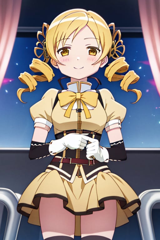 best quality, masterpiece, highres, solo, (tomoe_mami_puellamagimadokamagica:1.15), blonde_hair, drill_hair, twin_drills, twintails, hair_ornament, yellow_eyes, magical_girl, 1girl, school_uniform, anime_coloring, blush, mitakihara_school_uniform, official_style, smile, parody