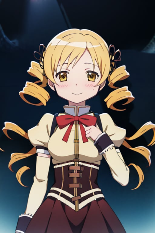 best quality, masterpiece, highres, solo, (tomoe_mami_puellamagimadokamagica:1.15), blonde_hair, drill_hair, twin_drills, twintails, hair_ornament, yellow_eyes, magical_girl, 1girl, school_uniform, anime_coloring, blush, mitakihara_school_uniform, official_style, smile, parody