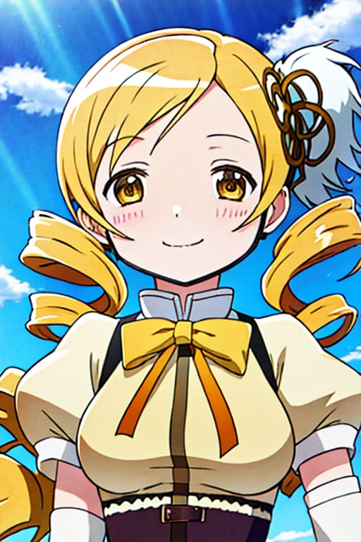 best quality, masterpiece, highres, solo, (tomoe_mami_puellamagimadokamagica:1.15), blonde_hair, drill_hair, twin_drills, twintails, hair_ornament, yellow_eyes, magical_girl, 1girl, school_uniform, anime_coloring, blush, mitakihara_school_uniform, official_style, smile, parody