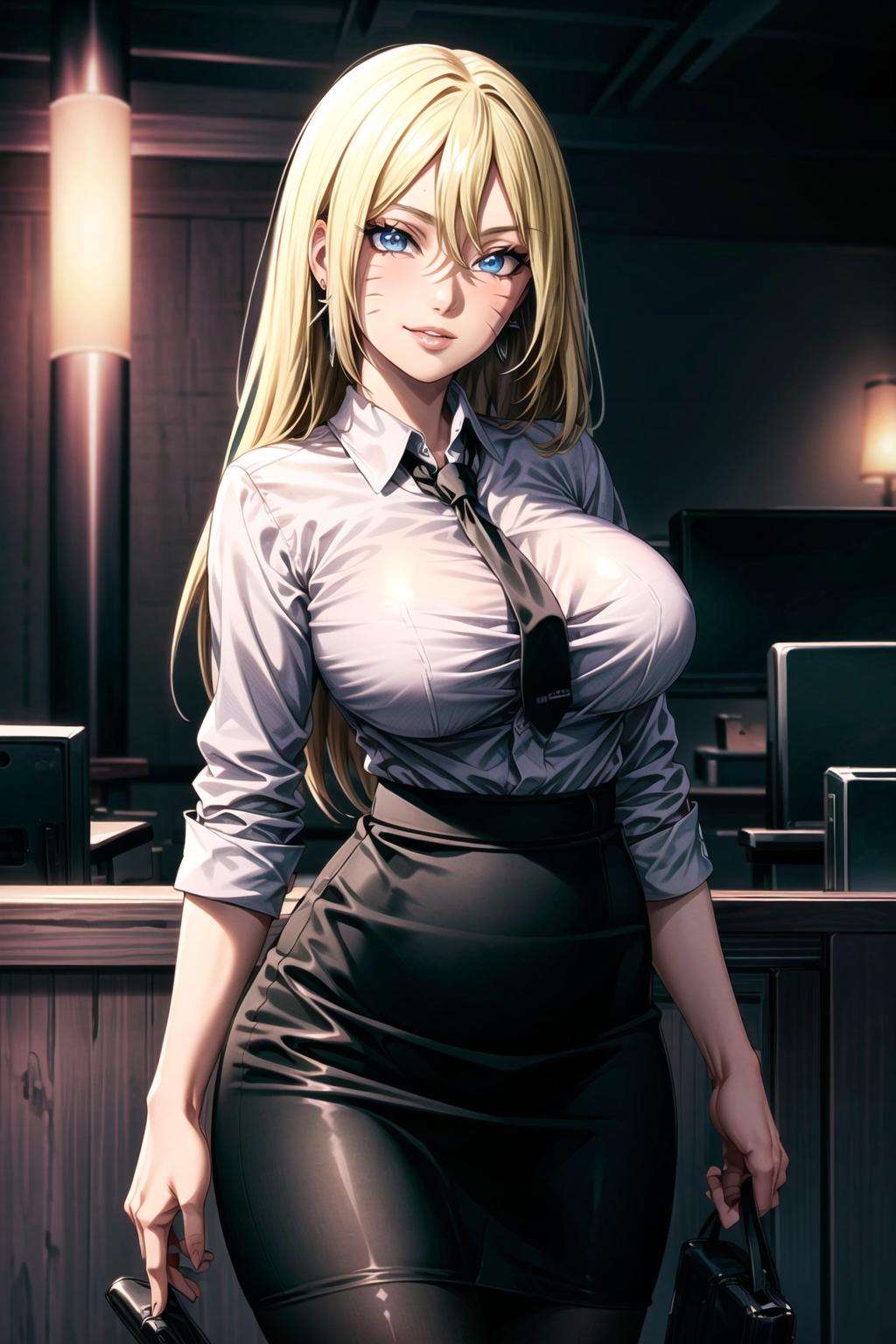 ((best quality)), ((highly detailed)), masterpiece, ((official art)),(boruko,facial mark:1.2),(office),( blue eyes, glowing blue eyes),(floating hair),(high-waist skirt:1.2),(black skirt:1.2),(black necktie:1.1),(seductive smile),(closed mouth),(lips:1.2),jewelry, wristwatch, skirt, solo, (cowboy shot:1.2),standing, pencil skirt,  belt, (earrings:1.1), collared shirt, ,office lady,(formal:1.1), shirt tucked in, (skirt suit),black pantyhose, dress shirt, intricately detailed, hyperdetailed, blurry background,depth of field, best quality, masterpiece, intricate details, tonemapping, sharp focus, hyper detailed, trending on Artstation,1 girl, high res, official art