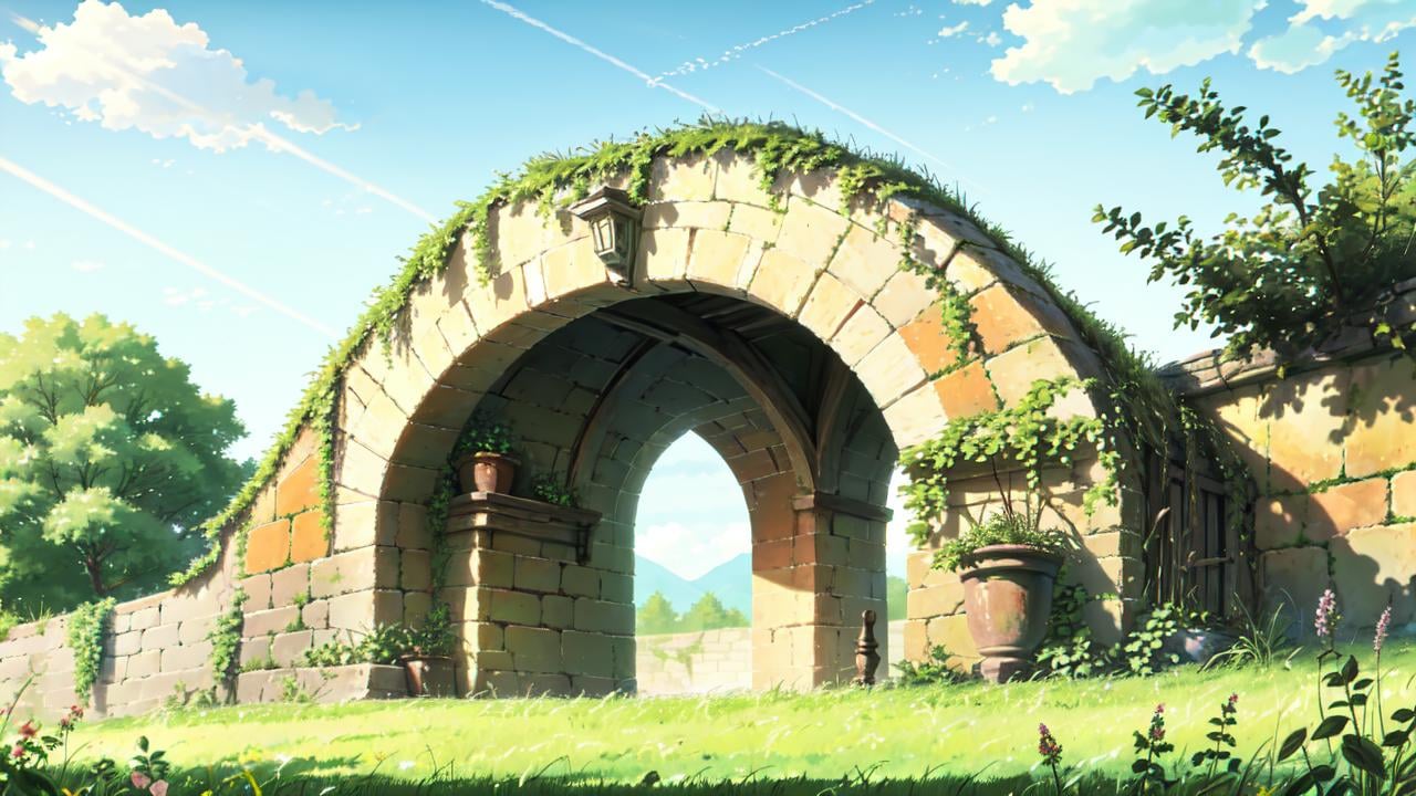 (masterpiece, best quality:1.1), no humans, garden, grass, plant, flower, meadow, bush, sky, sunlight, sunbeam, stone, arch