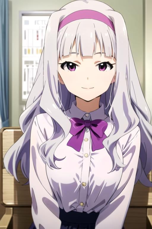 (((pixel-perfect, detail-perfect))), solo, 1girl, <lora:takane-idolmaster:0.8>, takane shijou, purple hairband, shirt, bow, looking at viewer, smile