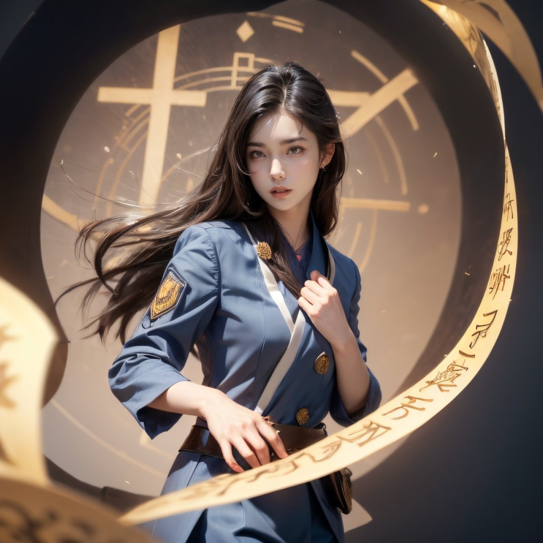 (Low angle shooting, ultra wide angle shooting), a girl in uniform stands in the air, in a suit set, surrounded by golden runes, black hair, long hair, messy hair, (facial focus), exquisite eyebrows, beautiful facial features, (upper body close-up photo: 1.2), sparkling runes, blue Hanfu, (surrounded by rotating long scroll: 1.2), (floating transparent Chinese characters), dynamic movements, Best picture quality, 3D rendering, up view, ultra wide angle, fisheye, lens focus, ultra realistic and detailed, high detail texture, ultra high quality, 16k,Daofa Rune,Flowing scroll