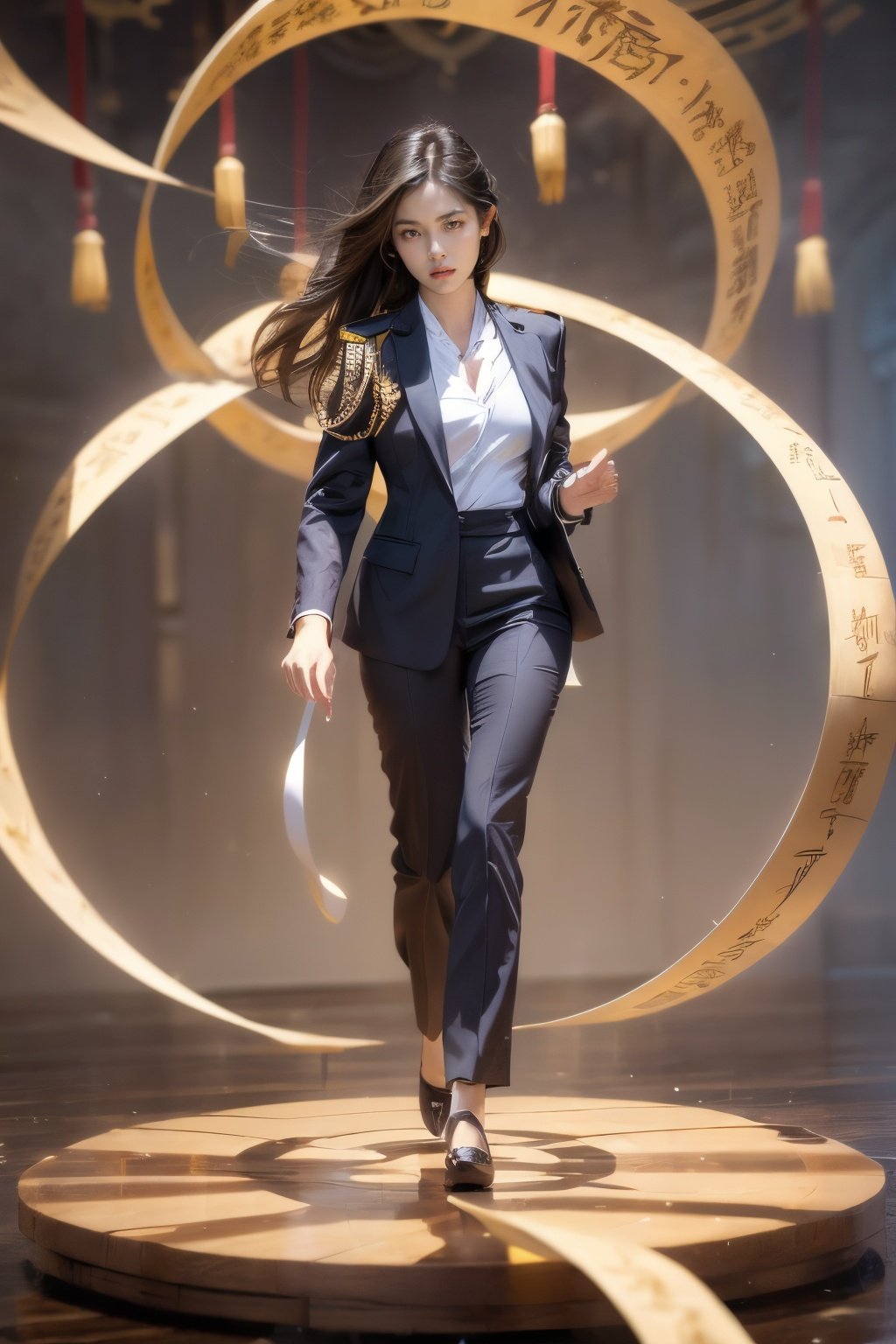 (Low angle shooting, ultra wide angle shooting), a girl in uniform stands in the air, in a suit set, surrounded by golden runes, black hair, long hair, messy hair, (facial focus), exquisite eyebrows, beautiful facial features, (upper body close-up photo: 1.2), sparkling runes, blue Hanfu, (surrounded by rotating long scroll: 1.2), (floating transparent Chinese characters), dynamic movements, Best picture quality, 3D rendering, up view, ultra wide angle, fisheye, lens focus, ultra realistic and detailed, high detail texture, ultra high quality, 16k,Daofa Rune,Flowing scroll