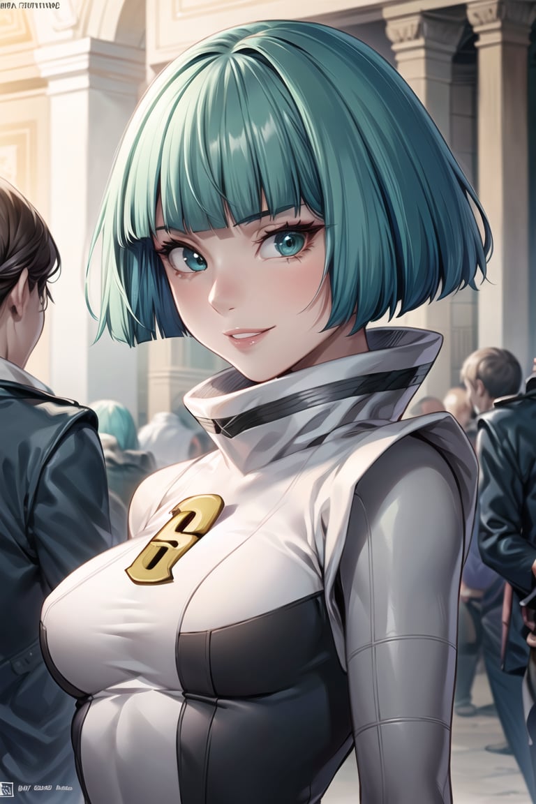 ((best quality)), ((highly detailed)), masterpiece, ((official art)), detailed face, beautiful face, (detailed eyes, deep eyes), 1girl, solo, (female grunt), green hair, short hair, blunt bangs, green eyes, lips, evil smirk, long sleeves, dress,  pantyhose, logo, smile, looking at viewer , scenary ,intricately detailed, hyperdetailed, blurry background,depth of field, best quality, masterpiece, intricate details, tonemapping, sharp focus, hyper detailed, trending on Artstation,1 girl, high res, official art