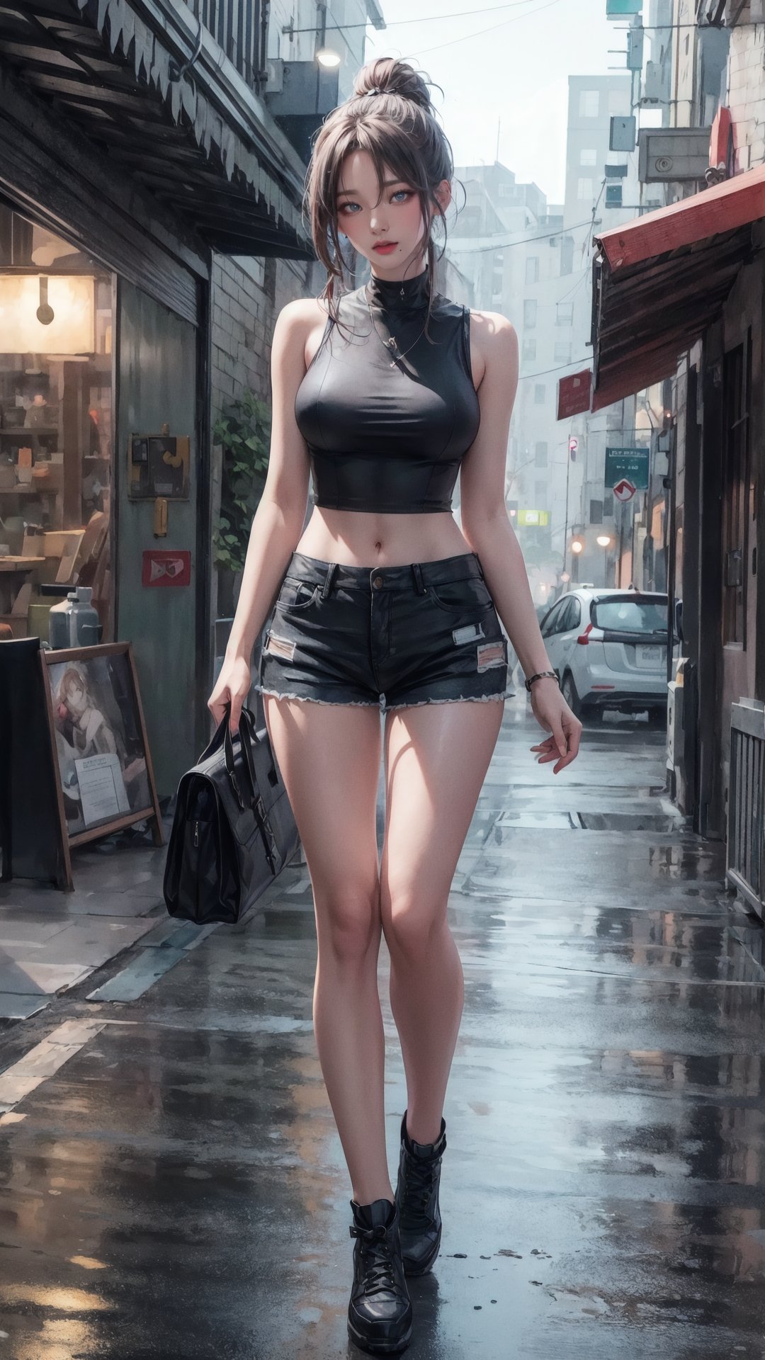 ((full body,  body focus, )) 1girl,  street,  detailed clothing,  shorts,  body sleeveless shirt,  digital painting,  official art,  unity 8k wallpaper,  ultra detailed,  masterpiece,  best quality,  cinematic lighting , aespakarina, <lora:EMS-179-EMS:0.600000>