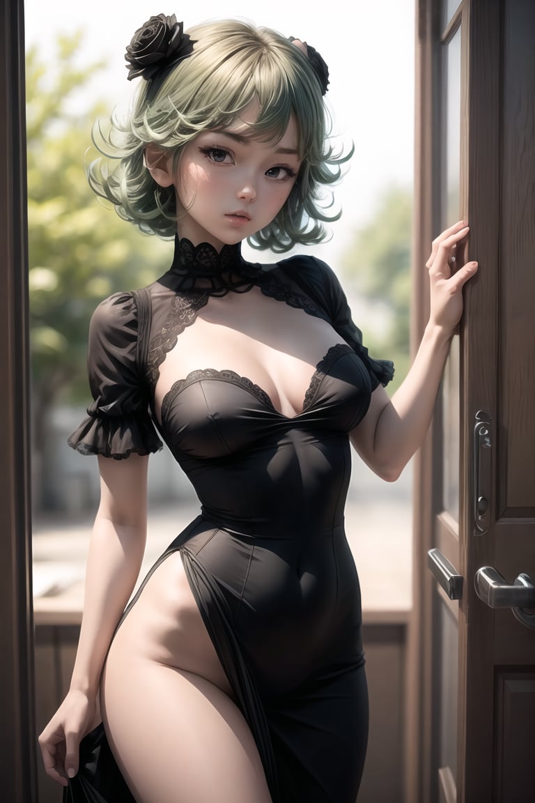 (masterpiece, best quality), 1girl, beautiful face,    tatsumaki, dress, black dress, no panties
