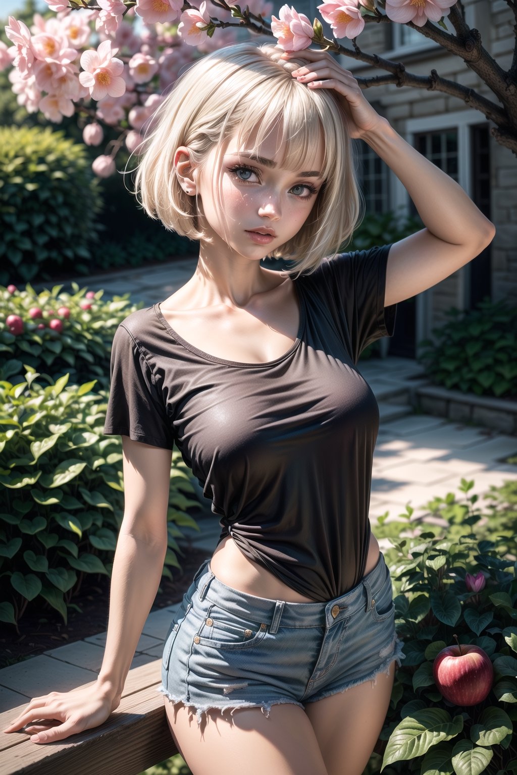 pretty 1girl, absurdres, 8k uhd, platinum blonde hair, bob cut, medium breasts, black tshirt, denim shorts, garden background, flowers, magnolias, apple tree, close up portrait
