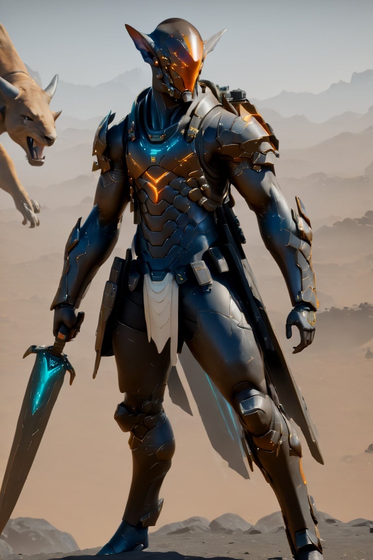 4k full body cinematic shot photo of a male space elf cyber samurai holding glowing sword riding mechanical rhino in sci-fi jungle elven outpost, landscape pandora, attack pose, aiming elven space rifle pose, circular energy sheild, insanely detailed helmet, super detailed helmet, hyper detailed helmet, slashing pose, matte black sleek red and neon orange and neon teal accent colors, holding glowing lightning sword, sci-fi elven open faced helmet, full body armor, weapon master, sword in hand, sword neon glow, neon wrist weapons, bulky weathered space marine armor, perfect eyes, glassy eyes, 4k eyes, sci fi daggers on body, clear square eye screen with data displayed, white sclera eye color, 4k realistic eyes, realistic armor texture, bulky full body interlocking armor panels, handsome face, face photorealistic, angry face, aiming elven space rifle, dreadlock messy bun hairstyle, fair  skin, fit, 4k hyperrealistic face, muscular, fair skin, mature males, photorealistic cyberpunk elf Man, hi-tech equipment, kintsugi gengji from overwatch armor and sword, shaved hair, vampire_teeth, subsurface scattering, reflective, polished, perfect_teeth, Extremely detailed face, movie quality face, hyper realistic face, mecha bow and quiver on back, loose wires, spear mecha weapons in hand_energy blade, mecha jetpack, cyberpunk exosuit, 4 thrusters, detailed panel lining, mechanical, high quality, volumetric, freckles, beautiful, dslr, 8k, 4k, ultrarealistic, realistic face, insanely detailed face, natural skin, textured skin, Movie Still, Lunar eclipse background, lunar orange glow, vengeful amber eyes, elven_ears,Read description, NightmareFlame, Movie Still, <lora:EMS-17129-EMS:1.4>, <lora:EMS-15512-EMS:0.7>, <lora:EMS-21831-EMS:2>, <lora:EMS-17097-EMS:2>