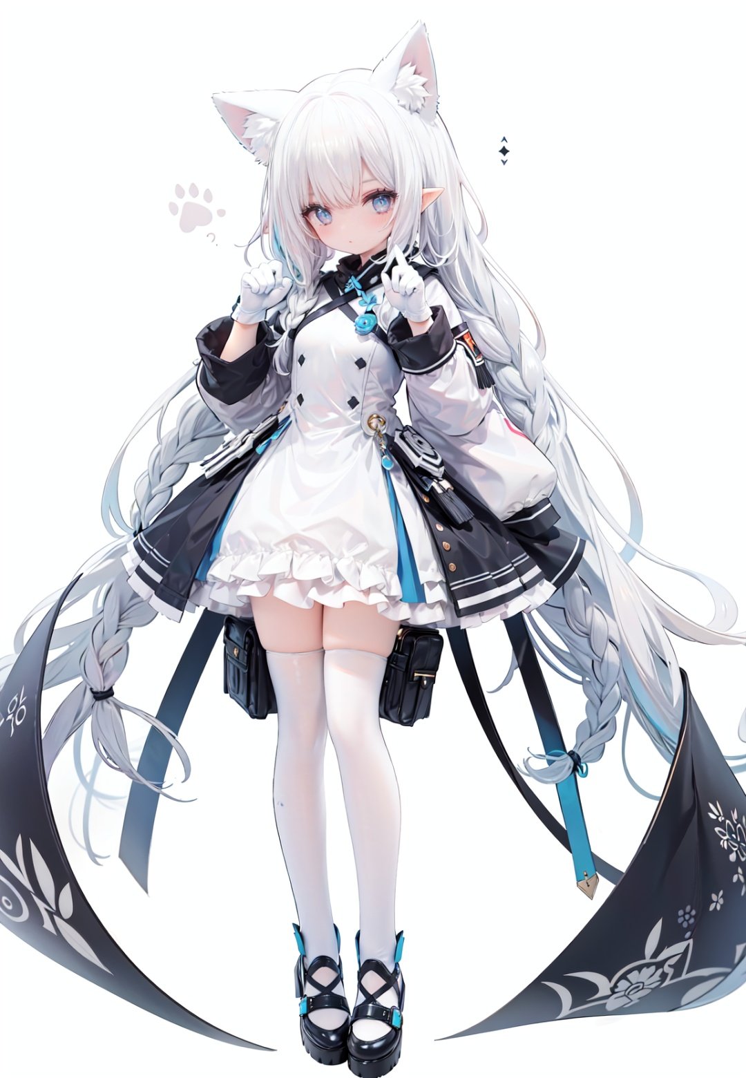 1girl, white_gloves, braid, full_body, gloves, long_hair, official_alternate_costume, pointy_ears, simple_background, solo, standing, very_long_hair, white_background,white hair,blue eyes,paw claw pose, open_mouth,