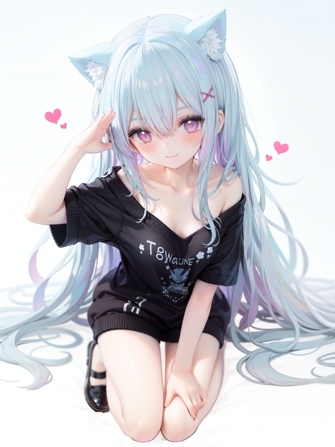 petite, loli, solo, animal ears, heart, puffy short sleeves, blue hair, long hair, off shoulder, bangs, hair ornament, gradient background,rainbow gradient, x hair ornament, animal ear fluff, looking at viewer, very long hair, blush, smile, cat ears, bare shoulders, collarbone, hand up, gradient sweater, hair between eyes, symbol-shaped pupils, arm up, heart-shaped pupils, hairclip, medium breasts, salute, bare legs,full body