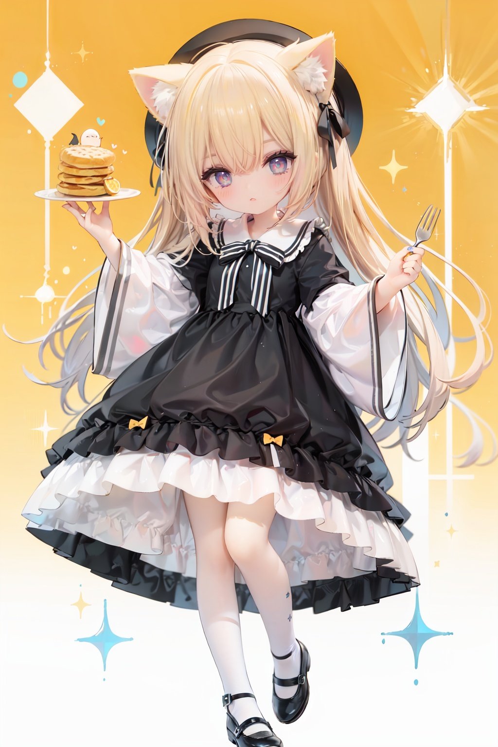 (cinematic lighting),  dreamy atmosphere,  Ray tracing,  (((solo))),  (loli:1.5),  (child:1.5),  (petite:1.5),  green eyes,  (animal ears),  dress,  solo,  food,  blonde hair,  open mouth,  long hair,  pancake,  flower,  holding,  bow,  smile,  fork,  bird,  socks,  looking at viewer,  shoes,  striped background,  holding fork,  bonnet,  striped,  frills,  long sleeves,  :d,  yellow dress,  bangs,  eyebrows visible through hair,  blush,  green nails,  hair bow,  nail polish,  diagonal stripes,  chick,  sparkle,  frilled dress,  orange bow,  fruit,  full body,  :3,  hair between eyes,  green bow,  puffy sleeves,  heart,  lemon,  orange footwear,  animal ear fluff,  white bow,  cat ears,  bobby socks,  orange headwear,  see-through sleeves,  blue background,  striped bow,  hair ornament,  white legwear,  mary janes