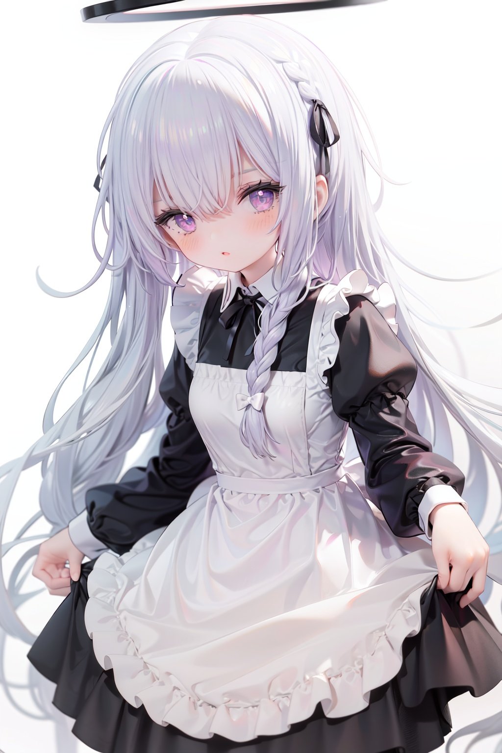 1girl,  solo,  apron,  long hair,  hair over one eye,  white background,  frills,  braid,  halo,  long sleeves,  dress,  simple background,  white hair,  white apron,  puffy sleeves,  very long hair,  frilled apron,  maid,  purple eyes,  ribbon,  parted lips,  maid apron,  bangs,  juliet sleeves,  black dress,  neck ribbon,  looking at viewer,  single braid,  blush