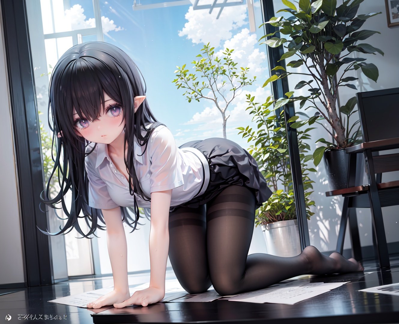 masterpiece, ((best quality)), (ultra-detailed), (illustration), an extremely delicate and beautiful, dynamic angle, chromatic aberration,((Medium shot)), ((colorful)),1girl, pantyhose, black hair, pointy ears, long hair, solo, skirt, shirt, all fours, purple eyes, white shirt, looking at viewer, black pantyhose, black skirt, short sleeves, no shoes, underwear, panties, tentacles, bangs, thighband pantyhose, indoors, blush, panties under pantyhose, full body, tree, hair between eyes, wet